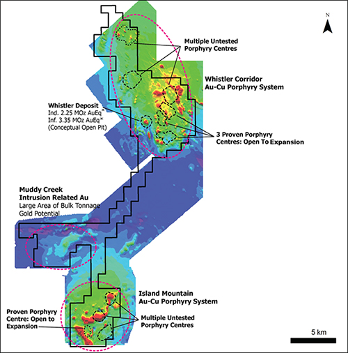 Whistler Project showing location of Whistler deposit, Whistler Orbit prospects, Island Mountain deposit, and Muddy Creek gold targets
